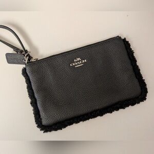 Coach Black Pebbled Leather Wristlet with Black Shearling Trim